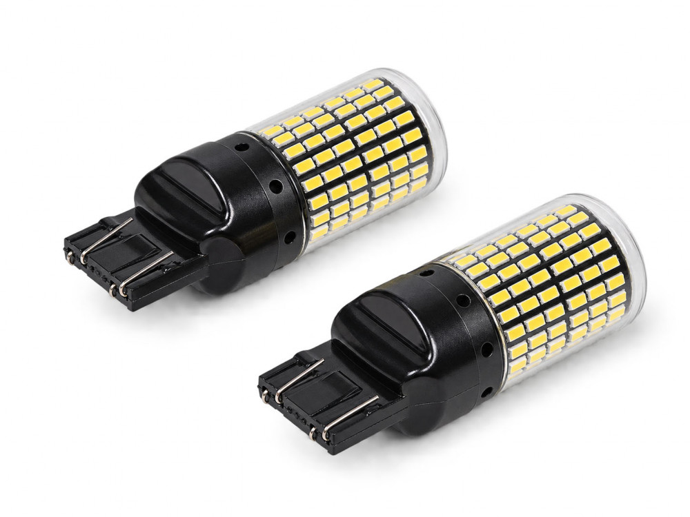 Лампа светодиодная W21/5W (T20D) PLUS, 6000K (Белый), 12В, 16Вт, 144LED, Биполярная, комплект 2 шт.