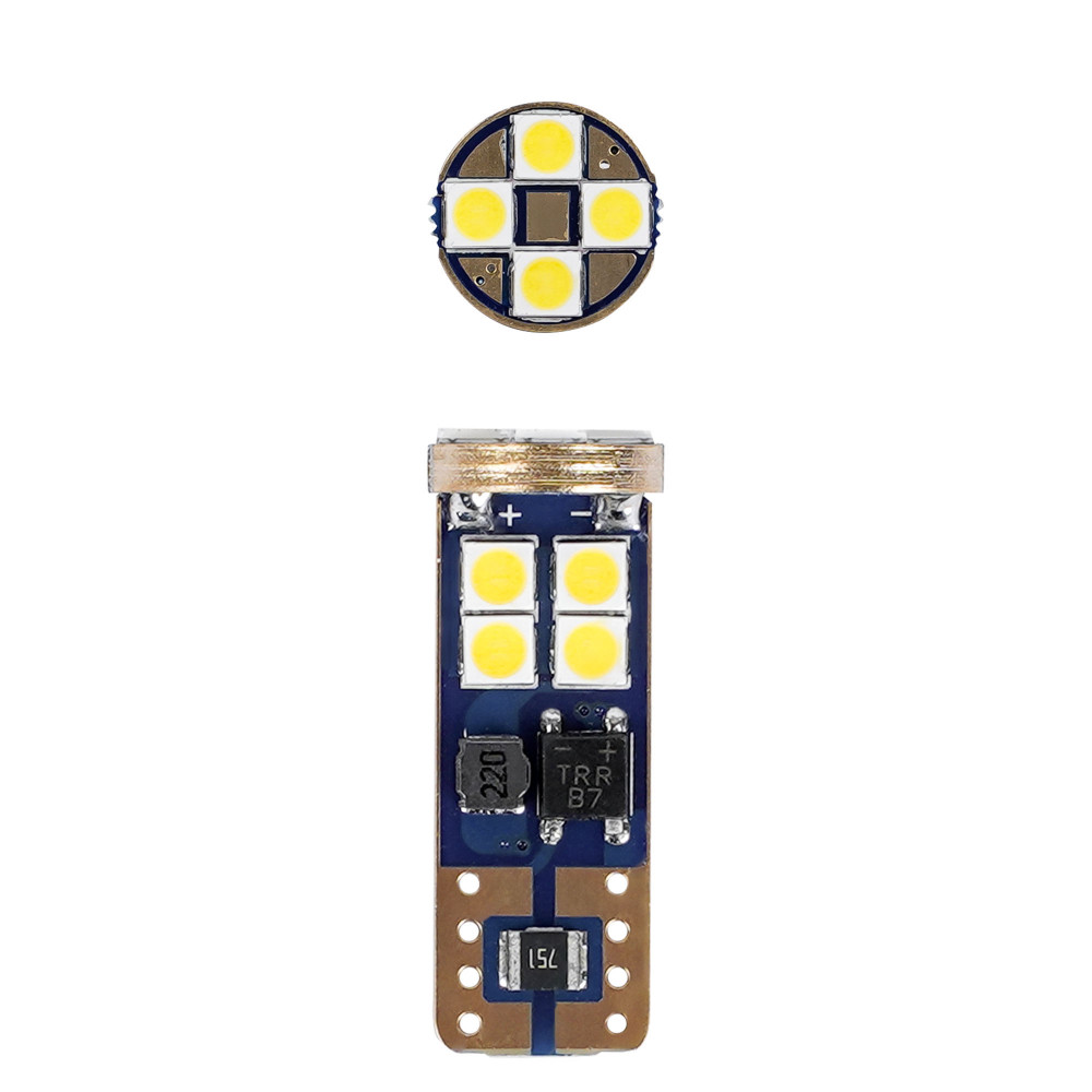 Лампа светодиодная W5W (T10) PRO, 6000K (Белый), 12В, 2.5Вт, 12LED, Биполярная, Обманка CAN bus, комплект 2 шт.