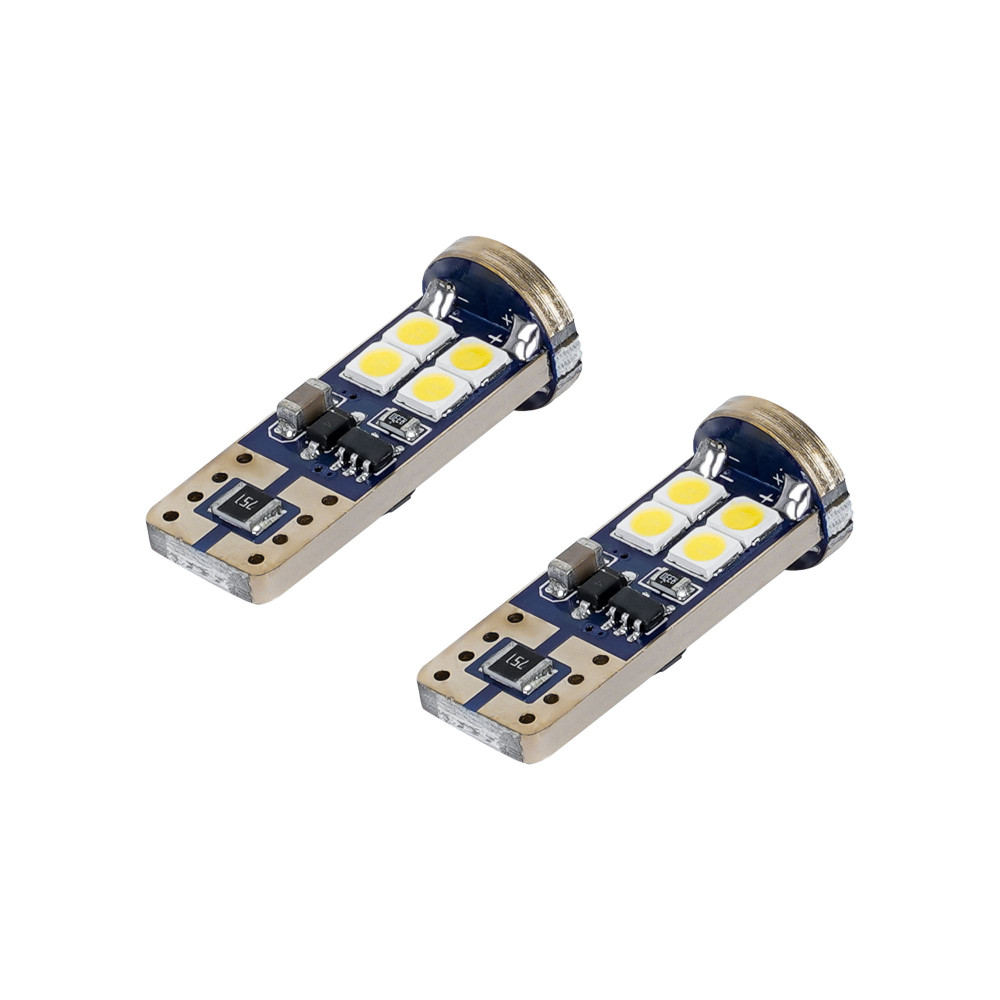 Лампа светодиодная W5W (T10) PRO, 6000K (Белый), 12В, 2.5Вт, 12LED, Биполярная, Обманка CAN bus, комплект 2 шт.