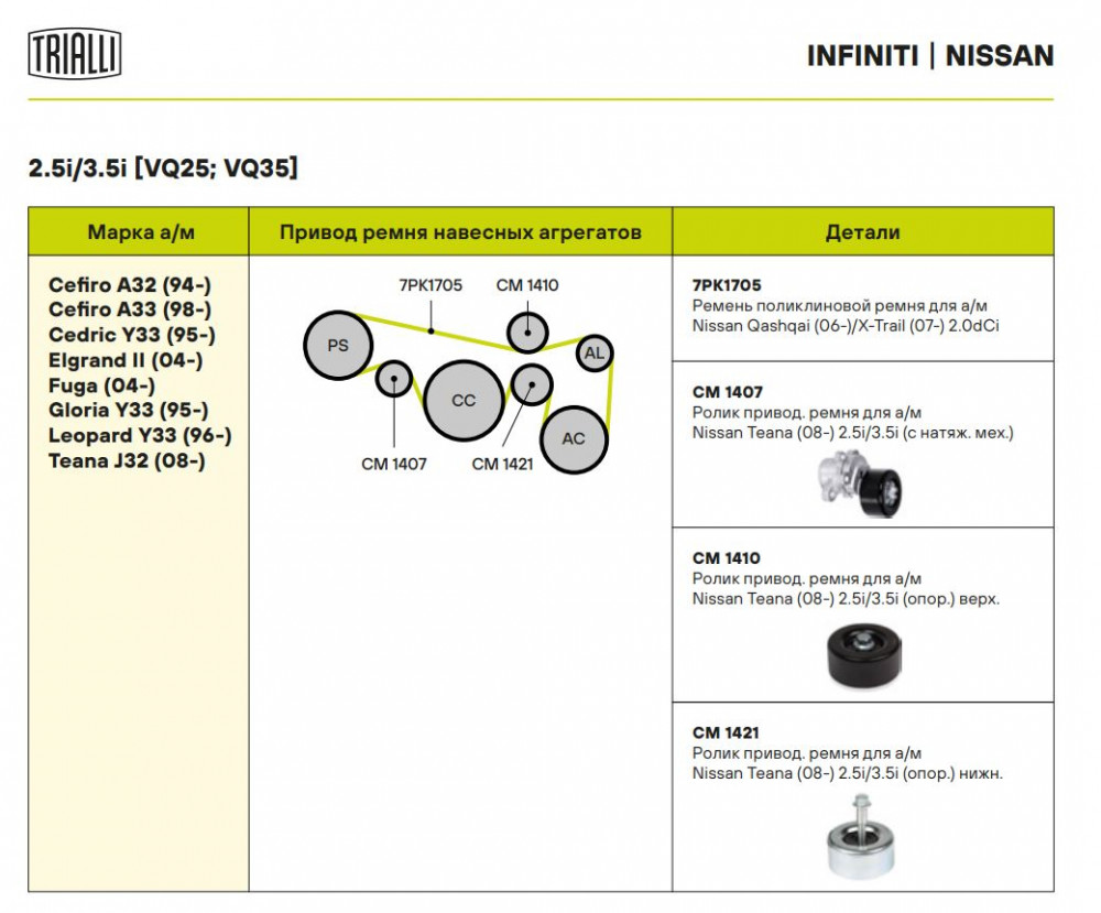 Ролик привод. ремня для автомобилей Nissan Teana (08-) 2.5i/3.5i (с натяж. мех.) (CM 1407)