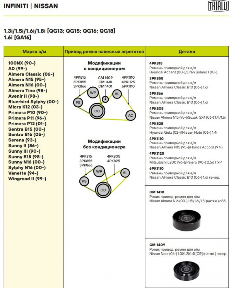 Ролик привод. ремня для автомобилей Nissan Note (04-)/Micra (02-) 1.0i/1.2i/1.4i [CR]/Almera N15 (95-) 1.6i [GA16] (натяжной) генератора (CM 1409)
