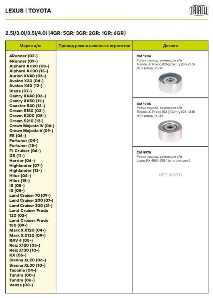Ролик приводного ремня для автомобилей Toyota Camry (06-)/Land Cruiser Prado (02-)/Land Cruiser Prado (09-)/Highlander (08-) 3.5i/4.0i [GR] (опорный) h=32 (CM 1904)
