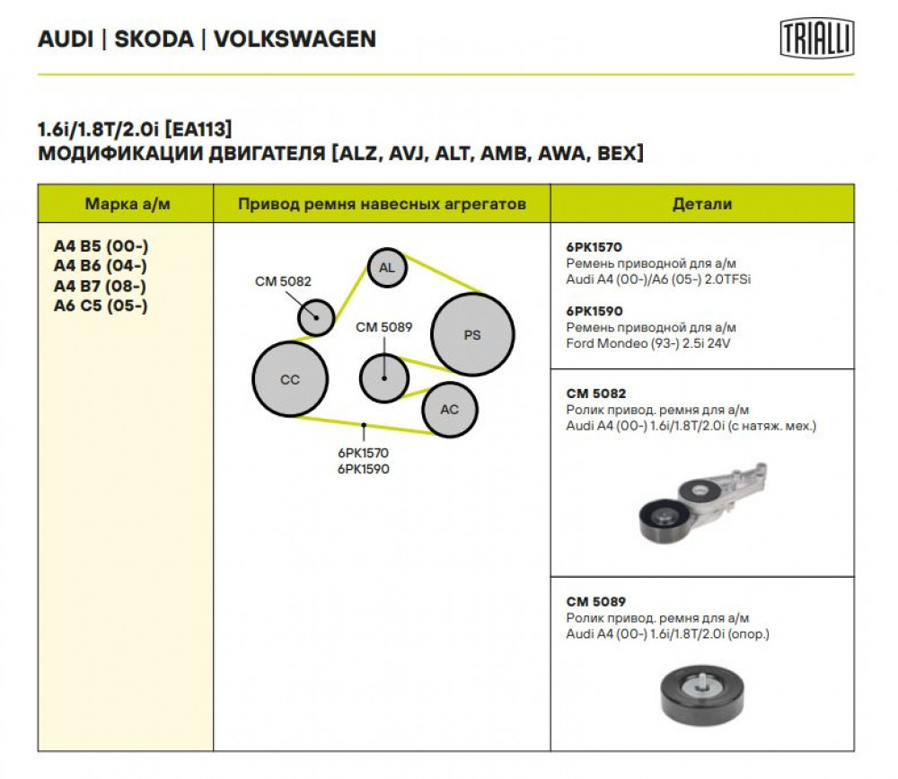 Ролик привод. ремня для автомобилей Audi A4 (00-) 1.6i/1.8T/2.0i (с натяж. мех.) (CM 5082)