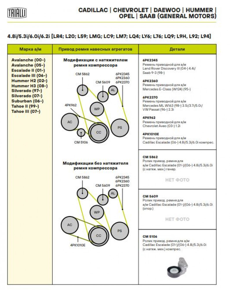 Ролик приводного ремня для автомобилей Chevrolet Tahoe (99-)/Tahoe (06-)/Cadillac Escalade (01-)/Escalade (06-) 4.8i/5.3i/6.0i (с натяжным механизмом) компрессора кондиционера