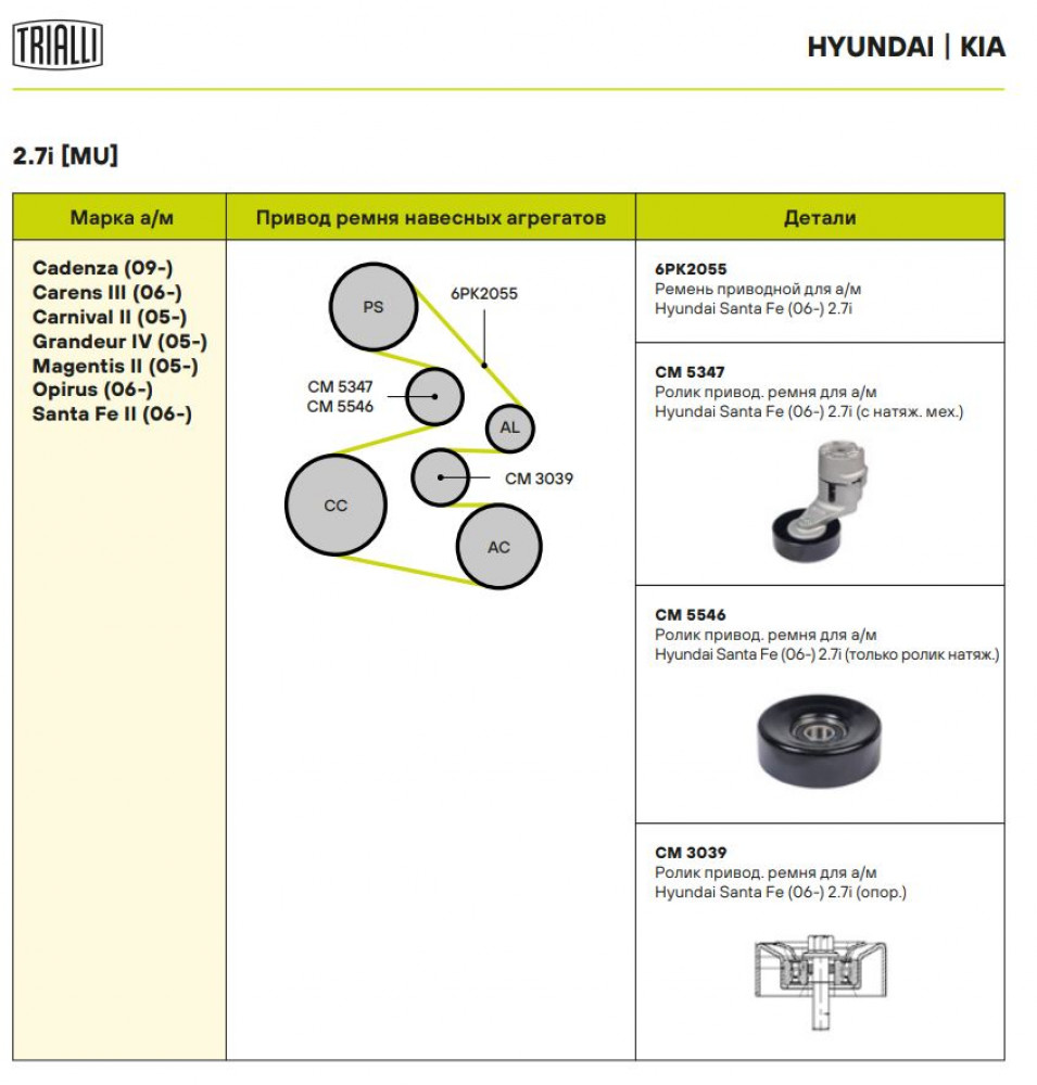 Ролик приводного ремня для автомобилей Hyundai Santa Fe (06-) 2.7i (только ролик натяжителя)