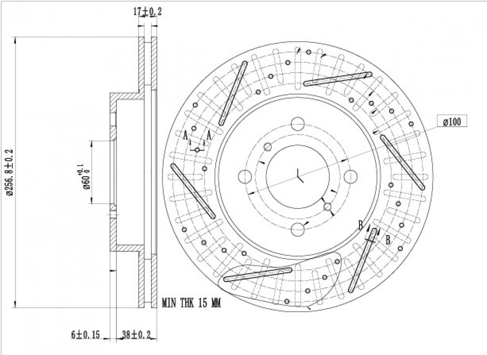 Диски тормозные для автомобилей Chery Kimo / QQ (08-) передний d=257 PRO (перфорированный / слотированный / окрашенный)