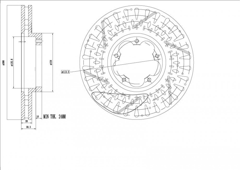 Диски тормозные для автомобилей Ford Transit (06-) передний d=300; thk=28; PCD-5 / 113.5 PRO (перфорированный / слотированный / окрашенный)