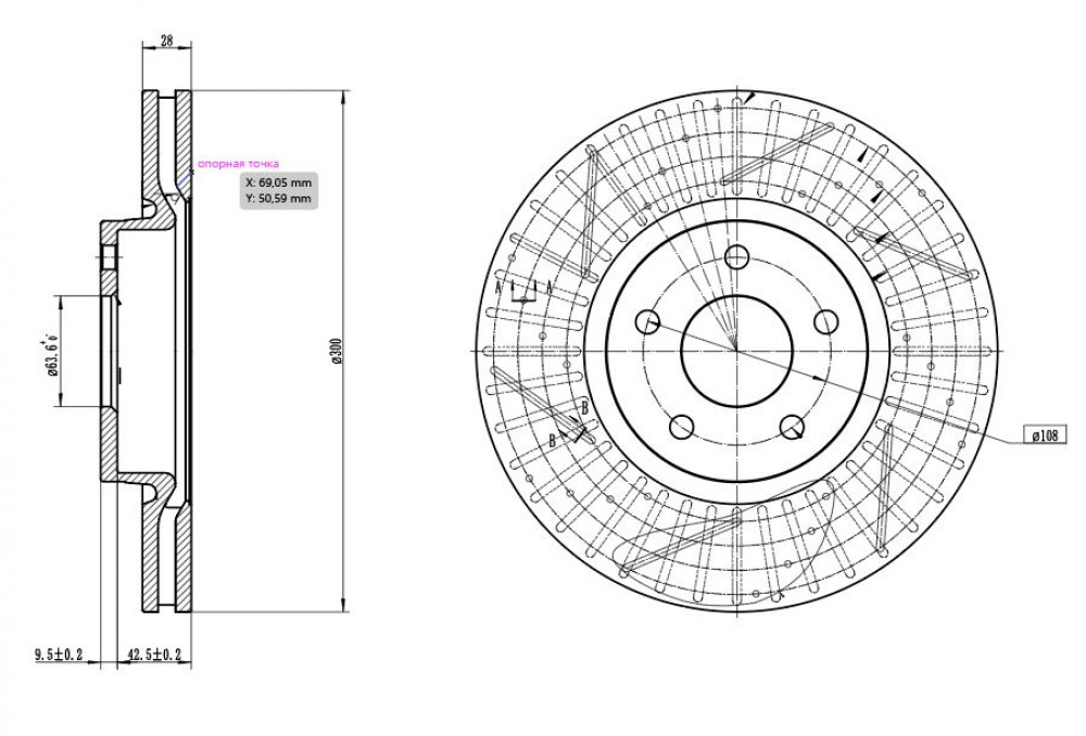 Диски тормозные для автомобилей Ford Mondeo IV (07-) передний d=300 PRO (перфорированный / слотированный / окрашенный)