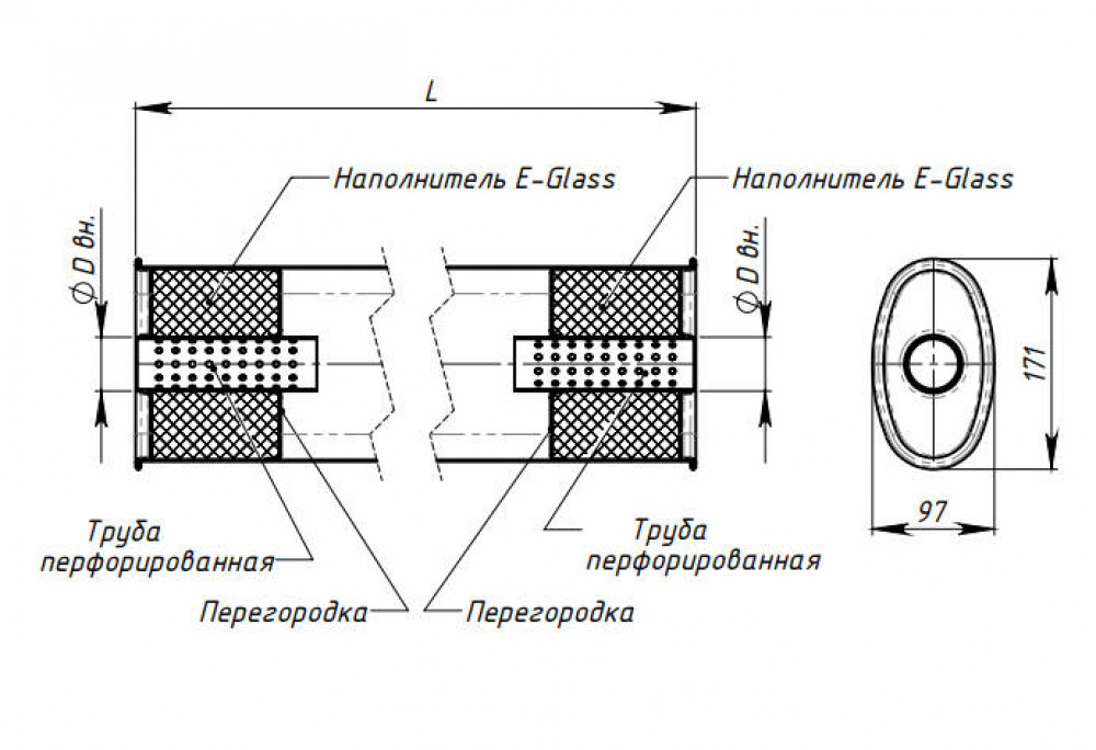 Глушитель универсальный (овальный) 97х171, L=330, d=42 (алюминизированная сталь)