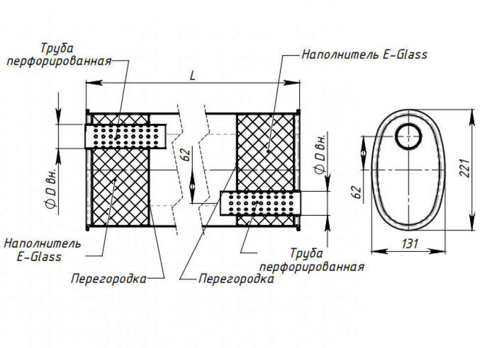 Глушитель универсальный (овальный) 131х221, L=380, d=42, смещение 62 мм (алюминизированная сталь)