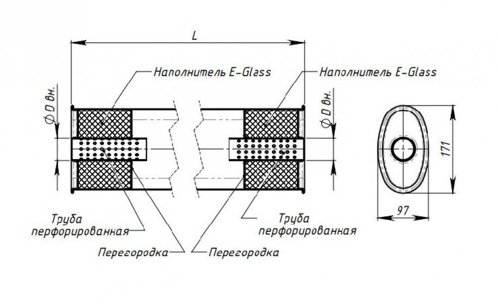 Глушитель универсальный (овальный) 97х171, L=330, d=50 (алюминизированная сталь)