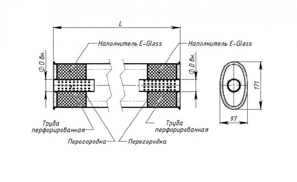 Глушитель универсальный (овальный) 97х171, L=400, d=50 (алюминизированная сталь)
