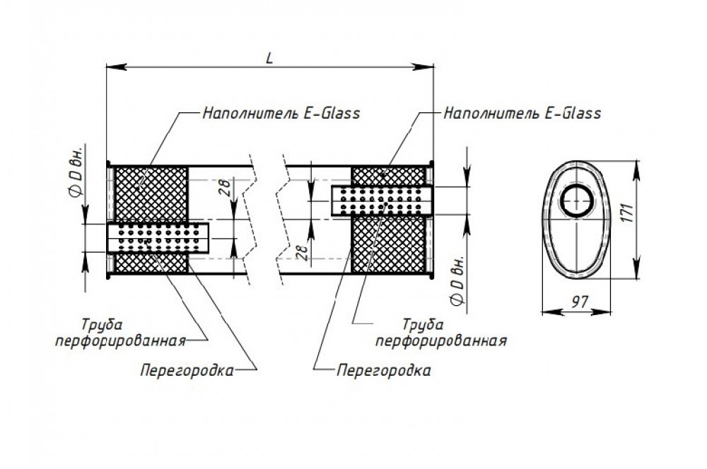 Глушитель универсальный (овальный) 97х171, L=330, d=50, смещение 28 мм (алюминизированная сталь)