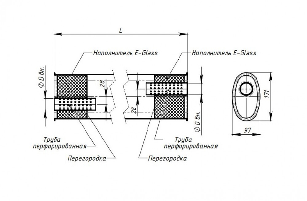 Глушитель универсальный (овальный) 97х171, L=400, d=50, смещение 28 мм (алюминизированная сталь)