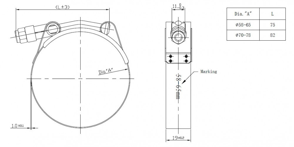 Хомут глушителя силовой T-Bolt D=70-78 мм (нержавеющая сталь)