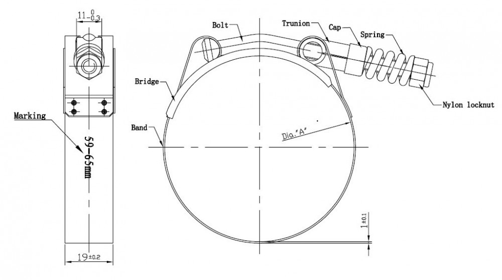 Хомут глушителя силовой T-Bolt с пружиной D=67-75 мм (нержавеющая сталь)