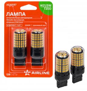 Лампа светодиодная W21W (T20S) PLUS, 2000K (Оранжевый), 12В, 16Вт, 144LED, Биполярная, комплект 2 шт.