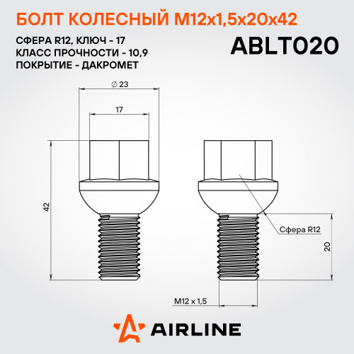 Болт колесный M12x1,5x20x42, сфера R12, ключ 17, дакромет для а/м Mercedes