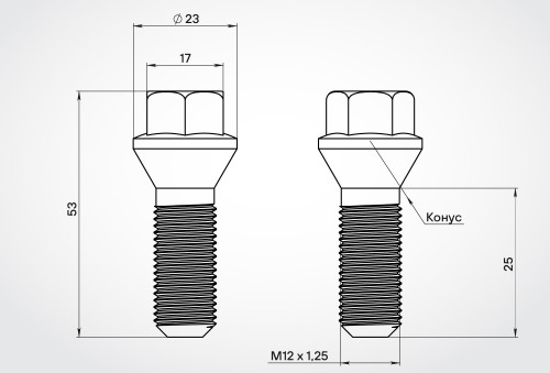 Болт колесный M12x1,25x25x53, конус, ключ 17, черный электрофорез для а/м Лада/Peugeot/Citroen