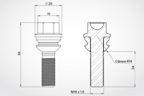 Болт колесный M14x1,5x34x66, сфера R14, ключ 19, черный электрофорез для а/м VW/Porsche/Audi