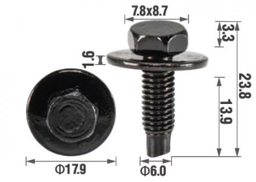 Болт крепежный M6x13.9 мм, HEX 8 мм, D шайбы 17.9 мм, для а/м Peugeot/Citroen