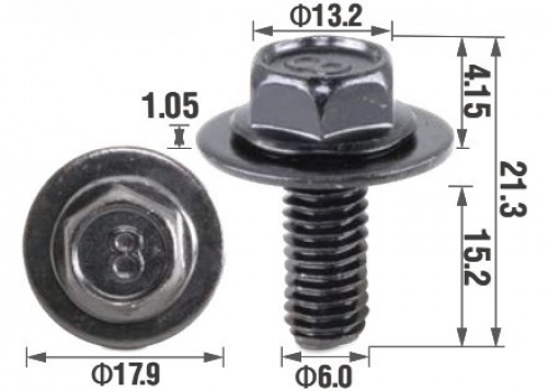 Болт крепежный M6x15.2 мм, HEX 10 мм, D шайбы 17.9 мм, для а/м Mazda