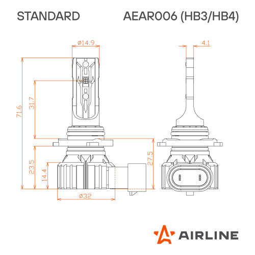 Лампа светодиодная HB3/HB4 STANDARD, 17Вт, 4000Лм (2000Лм x 2), 3000К (Желтый), 12В, комплект 2 шт.
