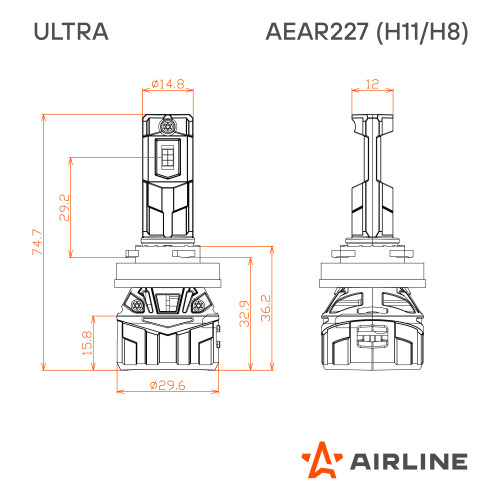 Лампа светодиодная H11/H8 ULTRA, 55Вт, 10400Лм (5200Лм x 2), 6500К (Белый), 12/24В, комплект 2 шт.