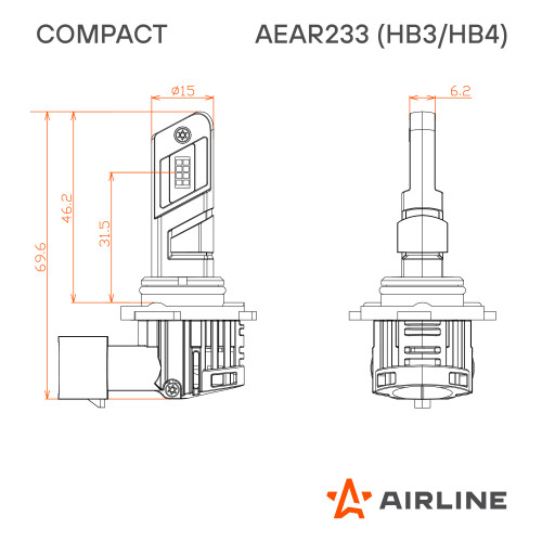 Лампа светодиодная HB3/HB4 COMPACT, 23Вт, 5200Лм (2600Лм x 2), 6500К (Белый), 12В, комплект 2 шт.