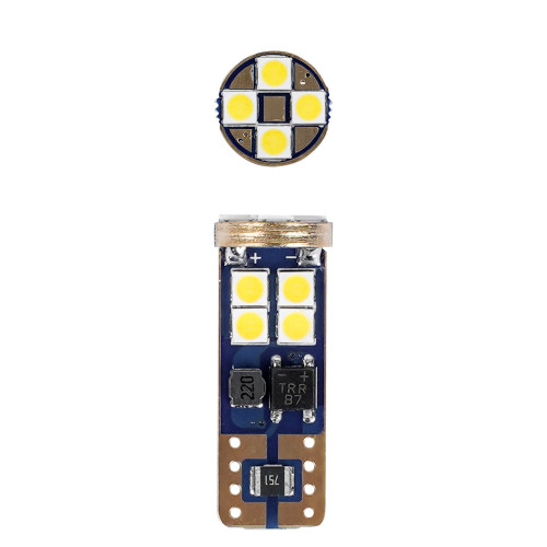 Лампа светодиодная W5W (T10) PRO, 6000K (Белый), 12В, 2.5Вт, 12LED, Биполярная, Обманка CAN bus