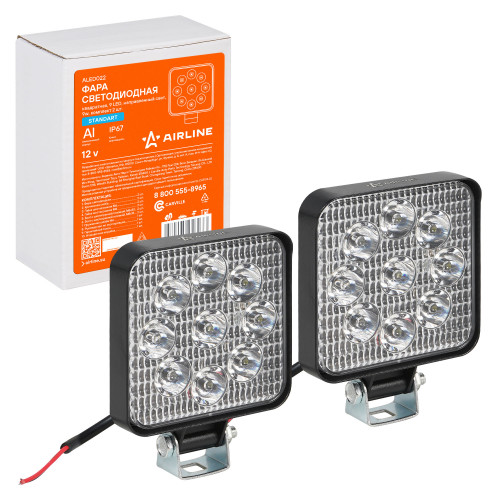 Фара светодиодная квадратная, 9LED, дальний свет, 9Вт, 83х83х22мм, 12В, комплект 2 шт., STANDARD