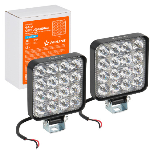 Фара светодиодная квадратная, 16LED, дальний свет, 16Вт, 83х83х22мм, 12В, комплект 2 шт., STANDARD
