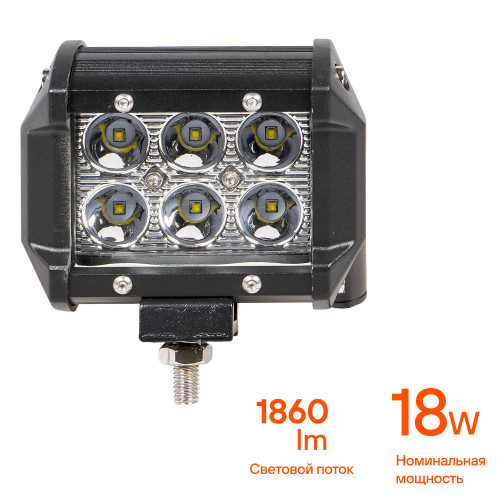 Фара (балка) светодиодная двухрядная, 6LED, дальний свет, 18Вт, 98х78х65мм, 12/24В