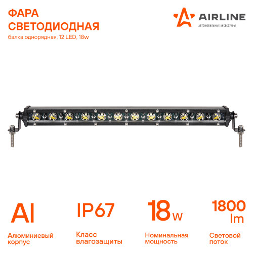 Фара (балка) светодиодная однорядная, 12LED, дальний свет, 18Вт, 343x30x47мм, 12/24В