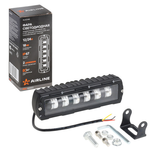 Фара светодиодная прямоугольная, 6LED, дальний свет (белый + желтый), 18Вт, 160x45x50мм, 12/24В, PRO