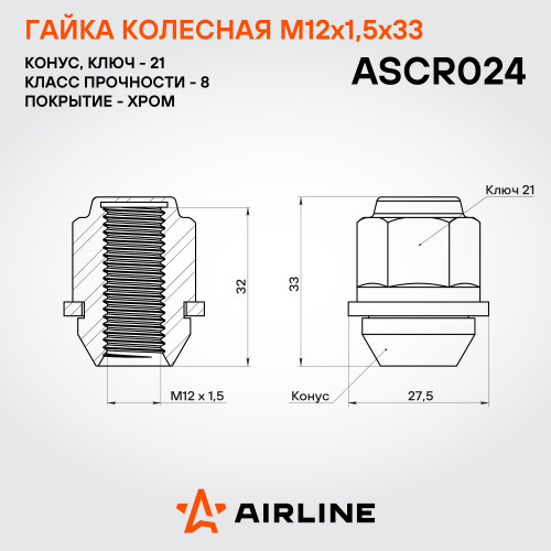 Гайка колесная M12x1,5x33, конус с пластиковой шайбой, ключ 21, закрытая, хром для а/м KIA