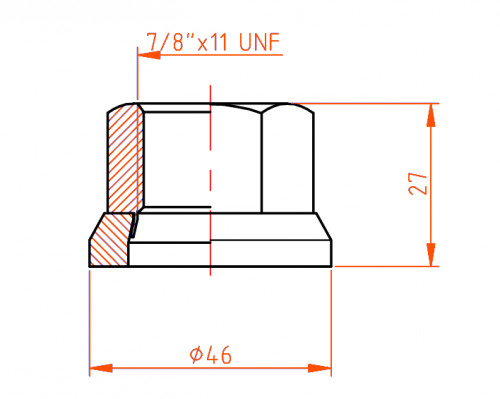Гайка колесная грузовая 7/8"x11 UNFx27, плоская шайба, ключ 33, открытая, дакромет для а/м Scania