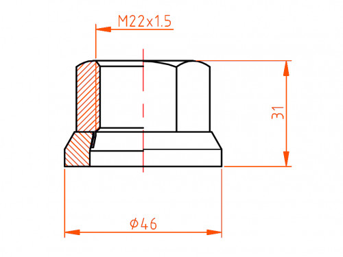 Гайка колесная грузовая M22x1,5x31, плоская шайба, ключ 33, открытая, дакромет для а/м Volvo, Renault