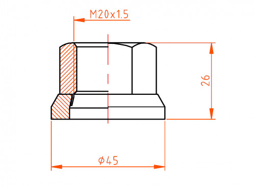 Гайка колесная груз M20x1,5x26, плоская шайба, ключ 30, открытая, дакромет для а/м Volvo, MAN, Iveco, Mercedes