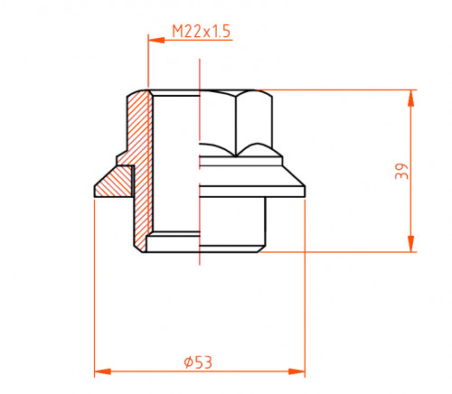 Гайка колесная грузовая M22x1,5x39, плоская шайба с цилиндром, ключ 32, открытая, дакромет для а/м DAF, MAN