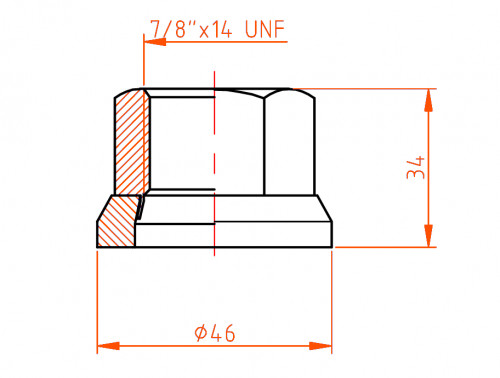 Гайка колесная грузовая 7/8"x14 UNFx34, плоская шайба, ключ 33, открытая, дакромет для а/м Volvo