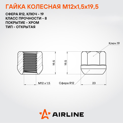 Гайка колесная M12x1,5x19,5, сфера R12, ключ 19, открытая, хром, 1 шт для Honda