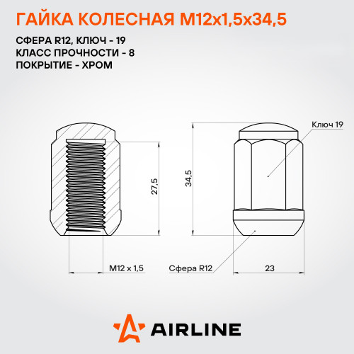 Гайка колесная M12x1,5x34,5, сфера R12, ключ 19, закрытая, хром, 1 шт для Honda