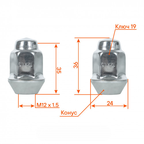 Гайка колесная M12x1,5x36, конус, ключ 19, закрытая, дакромет, 1 шт для Chevrolet/Opel
