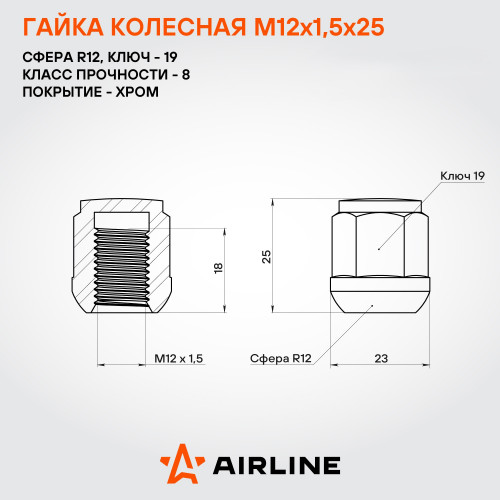 Гайка колесная M12x1,5x25, сфера R12, ключ 19, закрытая, хром, 20 шт для а/м Honda