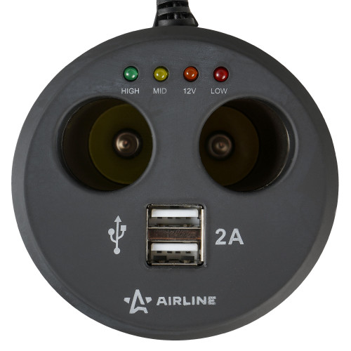 Разветвитель прикуривателя 2 гнезда 8А + 2USB в подстаканник с индикат.заряд.АКБ обрезин.