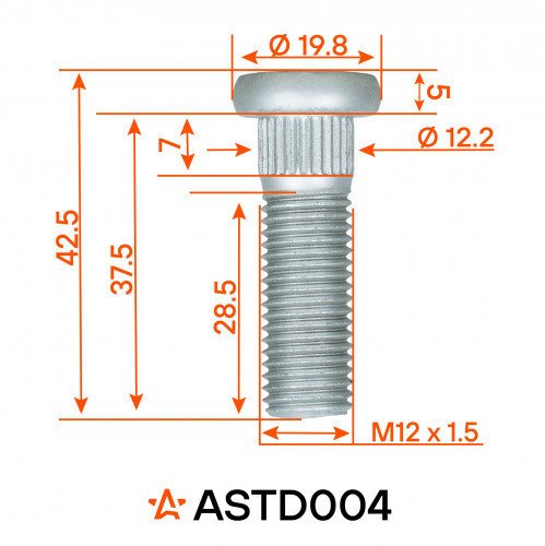 Шпилька колесная M12x1,5x28,5x42,5, d посадки 12,2, дакромет для а/м Honda