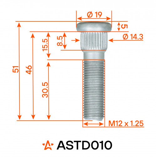 Шпилька колесная M12x1,25x30,5x51, d посадки 14,3, дакромет для а/м Nissan/Subaru