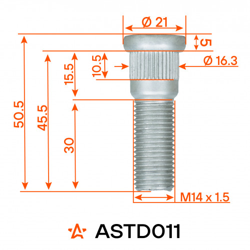 Шпилька колесная M14x1,5x30x50,5, d посадки 16,3, дакромет для а/м Toyota/Lexus