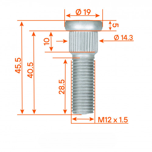 Шпилька колесная M12x1,5x28,5x45,5, d посадки 14,3, дакромет, 1 шт для Toyota/Mazda/Hyundai